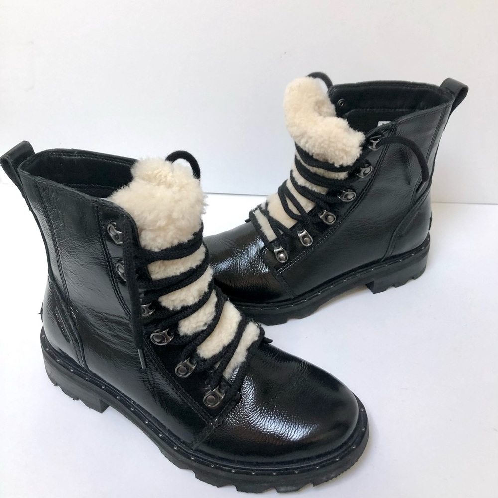 Women’s Sorel Lennox Cozy Sherpa Lace Black Patent Leather Chunky Boots US 7